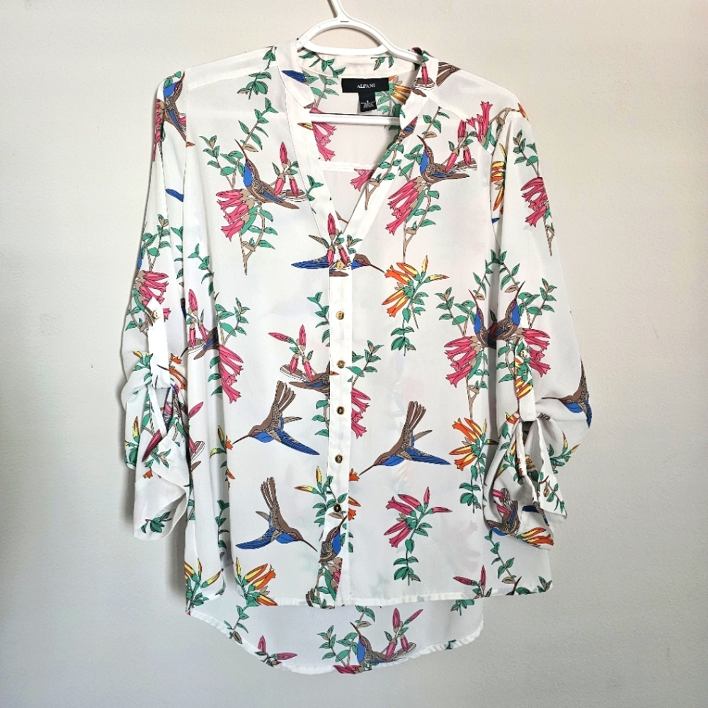 White Hummingbird Print Button Down Blouse Career Business Casual